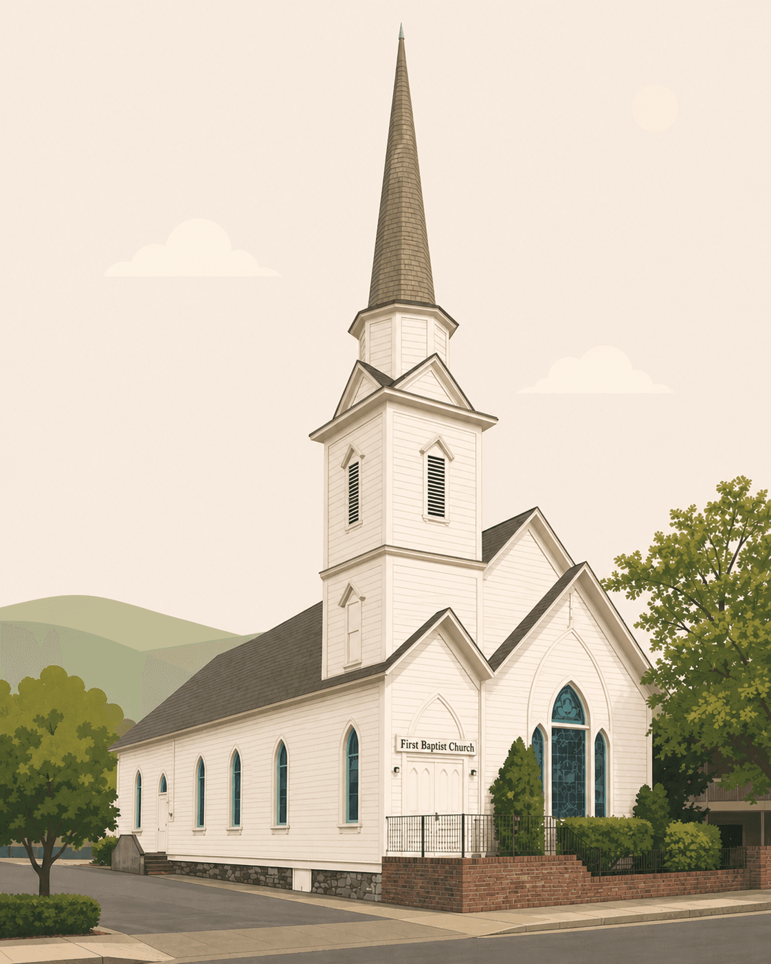 Photograph of the historic First Baptist Sonoma church building and steeple