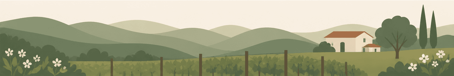 Illustrated panoramic Sonoma vineyard fence scene with rolling hills and a small chapel