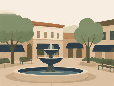 Illustrated downtown Sonoma fountain and plaza setting